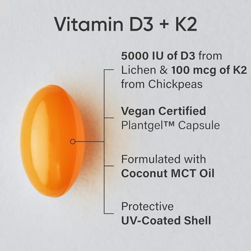 Vitamina D3 K2 con aceite de coco | Vitamina K2 MK7 D3 vegana 5000 UI | Vegana certificada, sin soja
