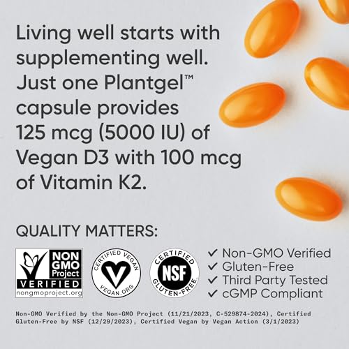 Vitamina D3 K2 con aceite de coco | Vitamina K2 MK7 D3 vegana 5000 UI | Vegana certificada, sin soja