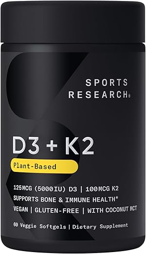 Vitamina D3 K2 con aceite de coco | Vitamina K2 MK7 D3 vegana 5000 UI | Vegana certificada, sin soja