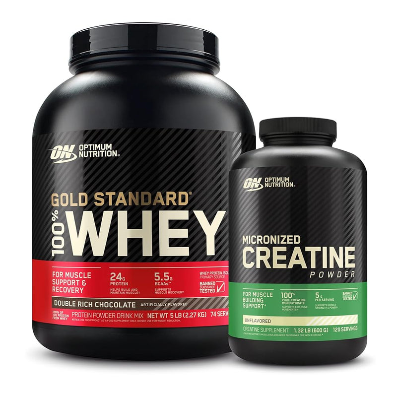 Proteína de suero 100% Gold Standard – Doble chocolate (2,27 kg) + Monohidrato de creatina micronizado sin sabor (120 raciones) – Paquete especial