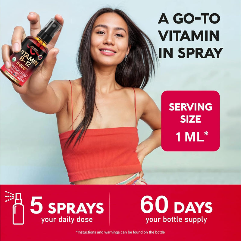 Espray sublingual de vitamina B12 orgánica del USDA: 5000 mcg de metilcobalamina vegana para mujeres