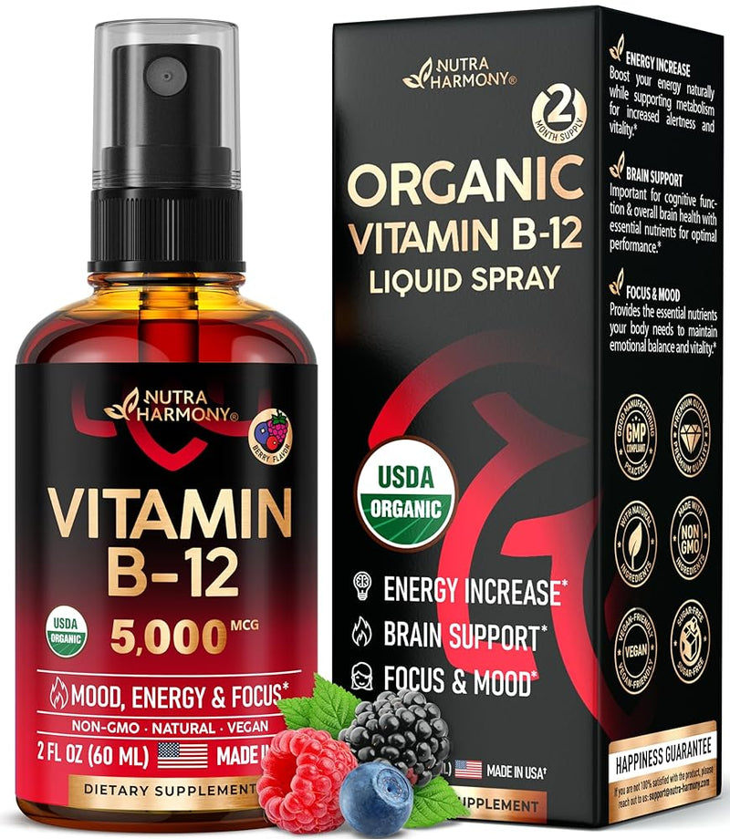 Espray sublingual de vitamina B12 orgánica del USDA: 5000 mcg de metilcobalamina vegana para mujeres