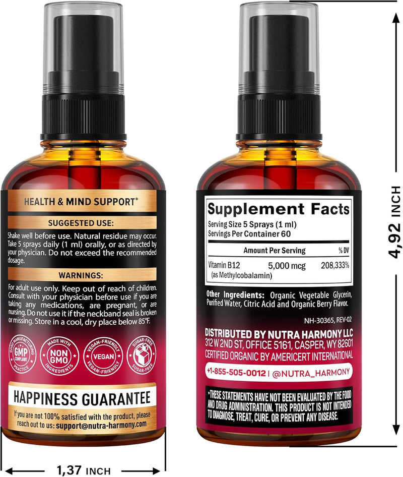 Espray sublingual de vitamina B12 orgánica del USDA: 5000 mcg de metilcobalamina vegana para mujeres