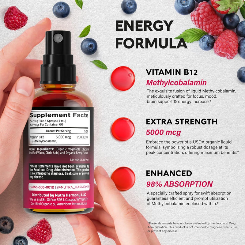 Espray sublingual de vitamina B12 orgánica del USDA: 5000 mcg de metilcobalamina vegana para mujeres