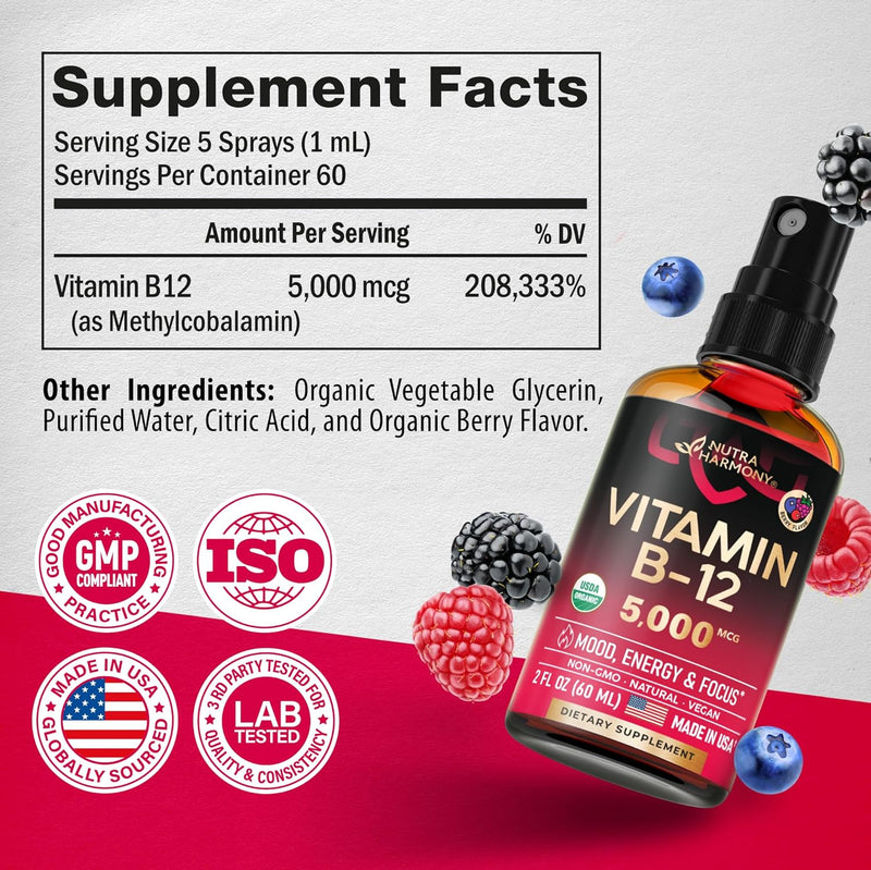 Espray sublingual de vitamina B12 orgánica del USDA: 5000 mcg de metilcobalamina vegana para mujeres