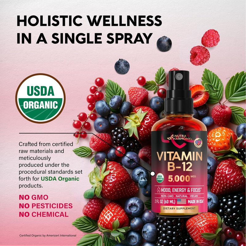 Espray sublingual de vitamina B12 orgánica del USDA: 5000 mcg de metilcobalamina vegana para mujeres